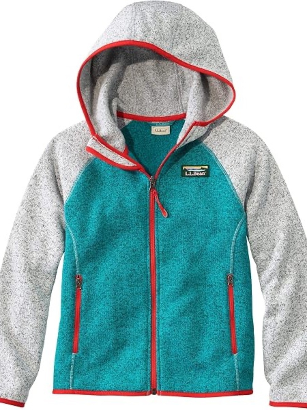 Kids' L.L.Bean's Sweater Fleece, Hooded Colorblock -Teal/ Heather Gray/ Red -6/7